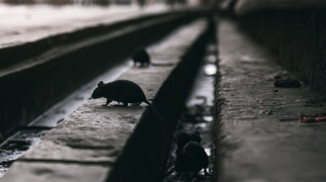 Rats move along a narrow path next to a drainage canal in an urban area during evening hours
