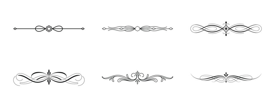 Swirled filigree borders and sophisticated text divider elements with diamond center detail.