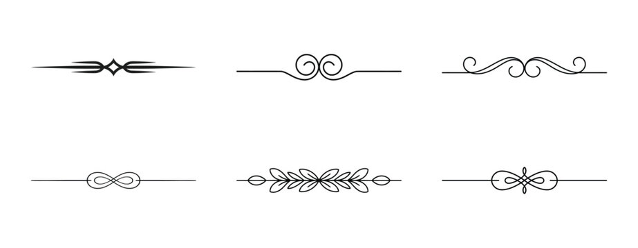 Set of six black simple horizontal dividers, minimalist collection of page rules and text separators.
