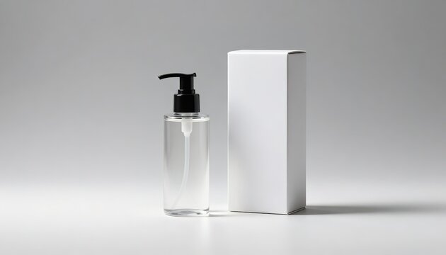 Transparent Plastic Pump Bottle & White Packaging Box on Neutral Gray Background