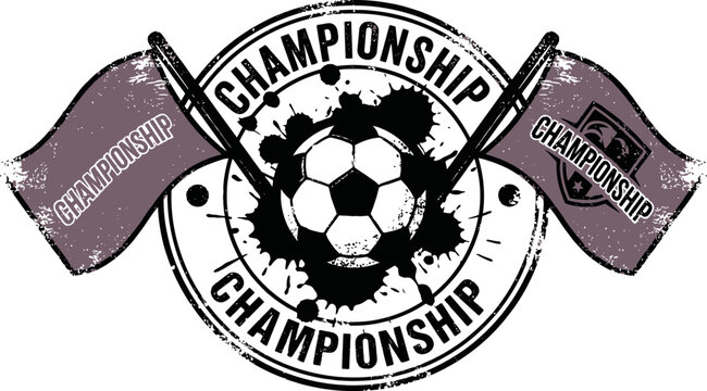 Grunge soccer championship emblem with flags and ink splatters, vintage football tournament logo vector, distressed sports badge for team apparel