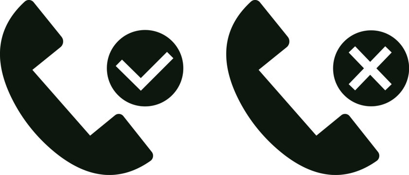 Black telephone handset with check mark and black telephone handset with cross, communication status symbols, white background