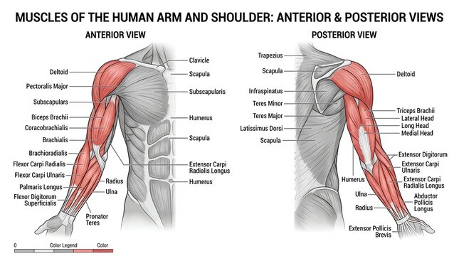 Detailed Muscular Anatomy of Human Arm and Shoulder Posterior and Anterior Views.