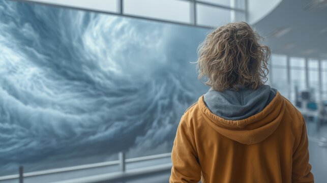 Person in orange jacket observing large swirling storm cloud indoors through window