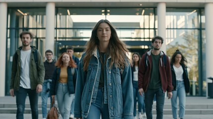 Fototapeta premium Group of Students Walking in Front of University Building During Day