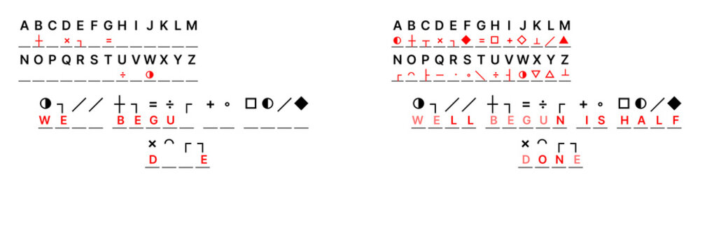 Icon cipher cryptogram featuring proverb about rising after falling, encouraging coded message, brain gym puzzle for adults