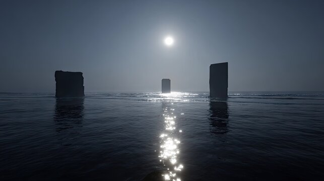 Dark rectangular monoliths in misty night sea