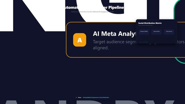 Motion graphics showing automated AI publisher pipeline workflow interface