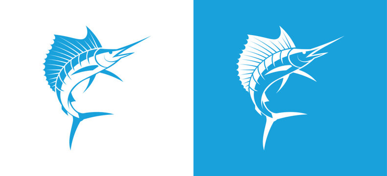 Blue Marlin Fish Logo Vector, Abstract Sailfish Mascot Icon, Sport Fishing Marine Animal Symbol for Branding