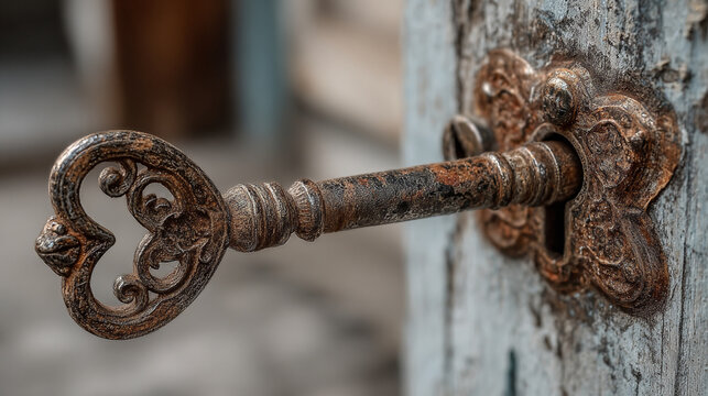 Antique skeleton key made of weathered iron rests firmly inside a vintage wooden door lock, evoking themes of mystery, history, and the opening of new secret opportunities.