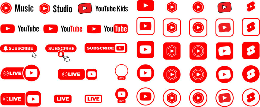 Complete collection of YouTube icons, including subscription buttons, live stream status indicators, and official platform logos for social media marketing by video content creators