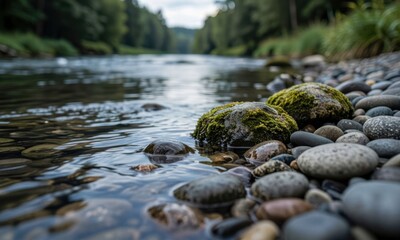Fototapeta premium Close-up of moss-covered rock in clear flowing river with pebbles and forest background