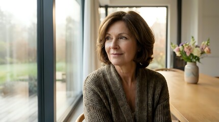 Fototapeta premium Mature Middle-Aged Woman Looking Out Window Thoughtful Lifestyle Portrait Natural Light