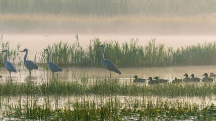 Fototapeta premium Cranes and ducks gather near a wetland at dawn in a misty setting with tall grass on the banks