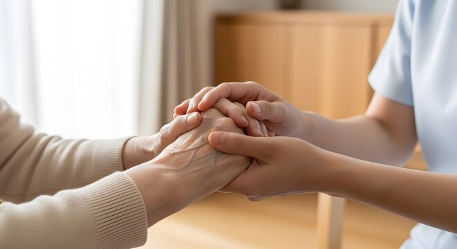 A close-up shot of two hands, one younger and one older, clasped together in a gesture of comfort and care. The gentle touch conveys empathy and support.