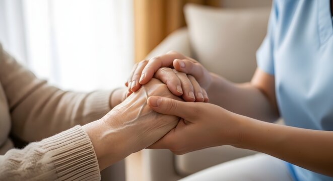 A close-up shot of two hands, one younger and one older, clasped together in a gesture of comfort and care. The image conveys a sense of empathy, support, and connection.