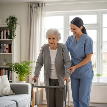  A caregiver assists an elderly woman with a walker in a bright, comfortable room. The woman is wearing a grey cardigan, and the caregiver is in blue scrubs, smiling warmly
