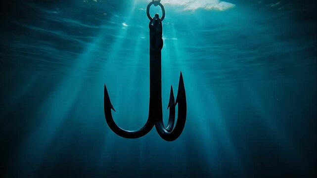 Triple-pronged metal fishing hook suspended in deep blue underwater environment with dramatic light beams.