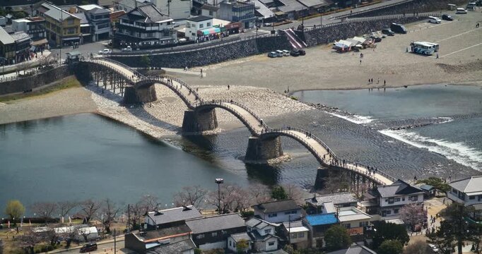Aerial View of Kintaikyo Bridge Over Nishiki River In Japan