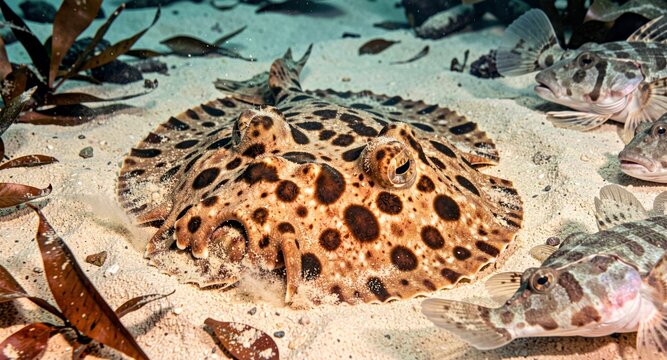 Camouflaged spotted stingray resting on sandy seafloor for marine education.
