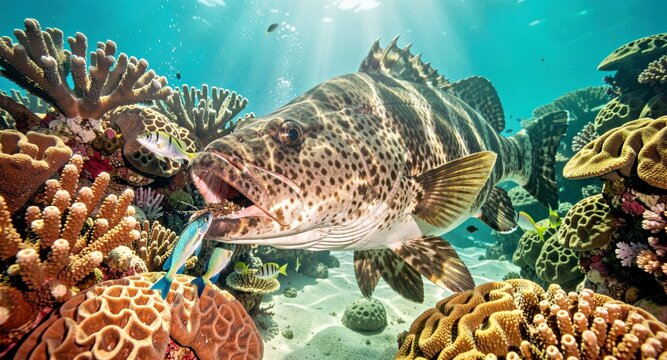 Vibrant grouper fish swimming through coral reef for tropical tourism marketing.
