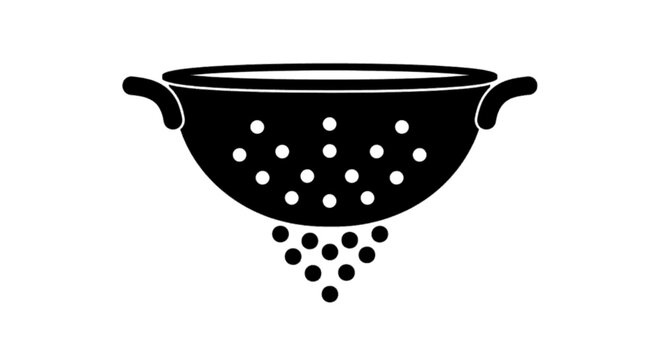 Minimal black silhouette icon, simple flat vector, bold black shape, no, no shading black silhouette icon of a kitchen colander with handles on a, flat icon style
