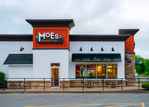 Rome, NY - Jun 7, 2026: Exterior of the Moe&rsquo;s Southwest Grill restaurant at 1794 Black River Boulevard North, Rome, NY 13440, a national fast‑casual chain founded in 2000