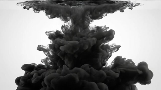 Black ink dissolving and spreading in water creating abstract patterns and a visually stunning visual display