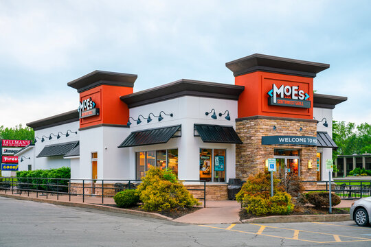 Rome, NY - Jun 7, 2026: Exterior of the Moe&rsquo;s Southwest Grill restaurant at 1794 Black River Boulevard North, Rome, NY 13440, United States