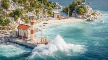 Obraz premium Scenic coastal lighthouse with waves crashing and tropical greenery paradise