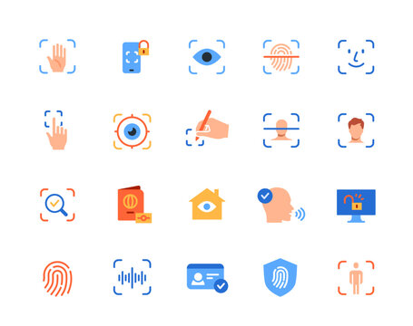 Biometric authorization icon set. Verification and identification symbols. Fingerprint recognition, eye and palm scanning, face authentication. Flat human made vector illustration collection