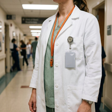 Female Doctor in Lab Coat with Identification Badge in Hospital Hallway