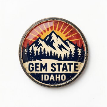 Vintage Idaho State Patch with Mountain Sunrise and Pine Trees on Round Embroidered Badge