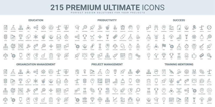 Project and time management, training and productivity thin black line icons set vector illustration. Outline symbols of success leadership and office workflow, presentation of goals, team meeting
