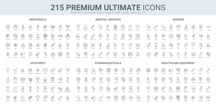 Efficiency of business management skills, medical devices, elderly people, healthcare line icon set. Pharmacy pill, heart health, radiology imaging thin black outline symbols vector illustration