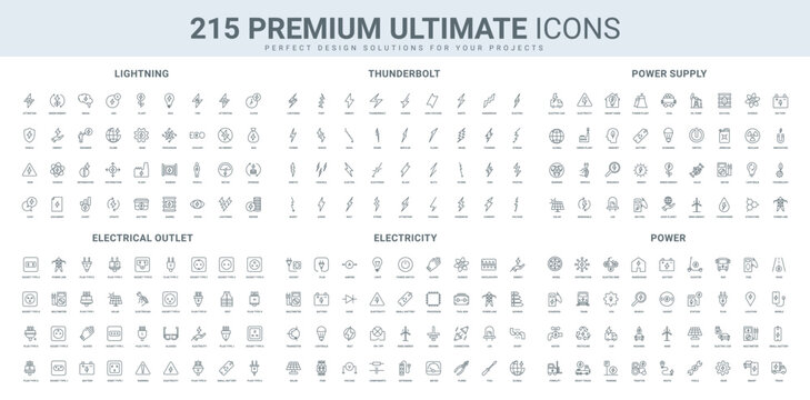 Electricity and electrical devices, plugs and sockets of different countries, lightning bolt line icon set. Outlet, power supply, electric transport thin black outline symbols vector illustration