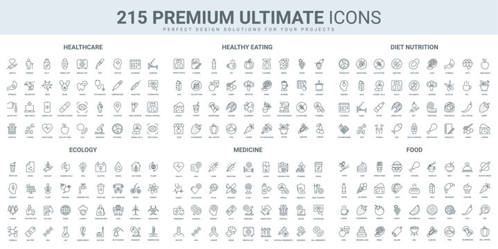 Eco green technology, healthy nutrition, medical care in hospital thin black line icons set vector illustration. Outline symbols of ecology and food diet, drugs and vitamin menu for weight control