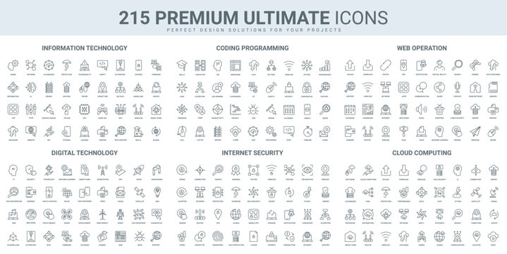 Cloud technology, coding and internet security, information protection thin black line icons set vector illustration. Outline symbols of program code and secure app, upload and download data files