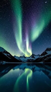 People watch northern lights over mountains and a lake during the night in a clear sky with stars