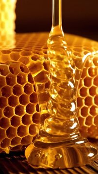 Honey drips from honeycomb at a local market in the evening highlighting the process of honey extraction and collection