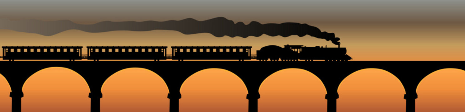 A train on a viaduct set against the orange hues of a sunset. A retro-style vector illustration (silhouette) designed as a decorative horizontal panel.