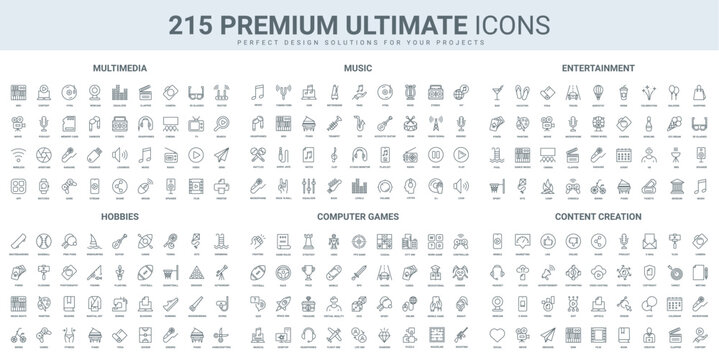 Music, entertainment events and media content creation thin black line icons set vector illustration. Outline symbols of genres and rules of online electronic games, karaoke and movie pictograms