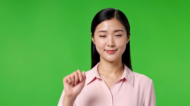 Asian Woman gesturing pointing up on a green screen background with subtle camera zoom for informational content