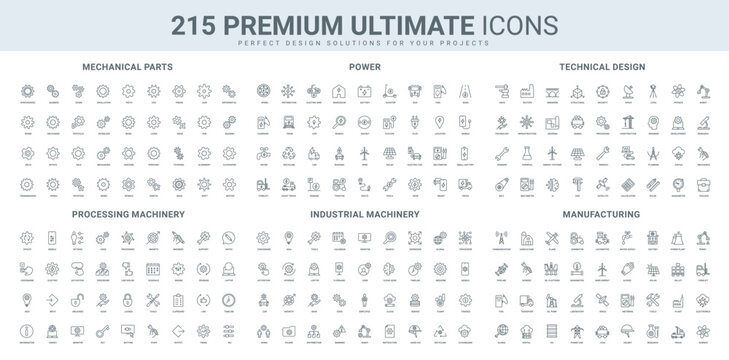 Gears and cogs system of mechanical parts, machinery of manufacture support by contractor, power line icon set. Industrial production, engineering thin black outline symbols vector illustration