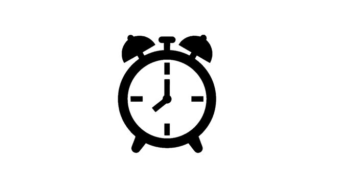 Minimal black silhouette icon, simple flat vector, bold black shape, no, no shading black icon of an alarm clock showing eight oclock on a, flat icon style