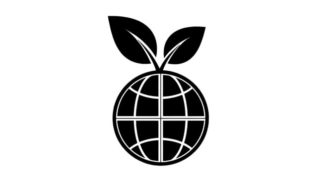 Minimal black silhouette icon, simple flat vector, bold black shape, no, no shading global ecology icon with a globe and two leaves on top on a, flat icon style