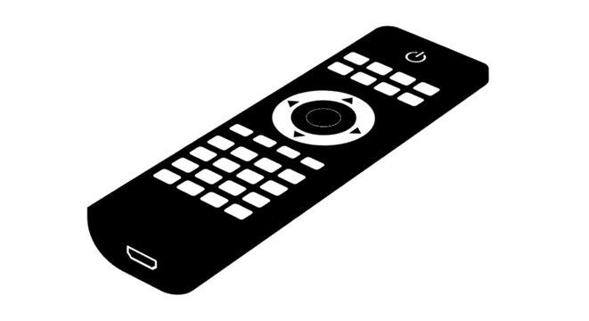 Minimal black silhouette icon, simple flat vector, bold black shape, no, no shading black remote control for tv or multimedia device on a, flat icon style