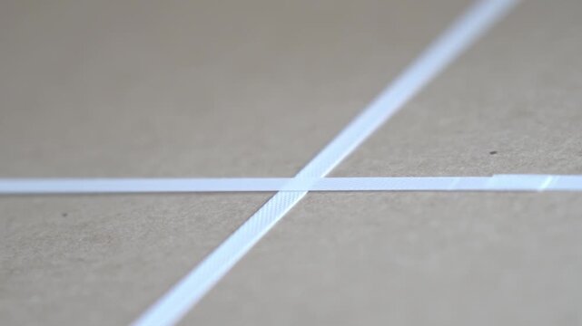 Wooden furnitpacking plastic strapping tape on cardboard box. Safety when packaging goods during transportation