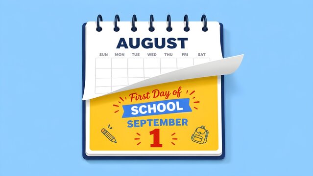 August calendar page flipping to September 1st, first day of school announcement on spiral notebook, back to school concept on blue background