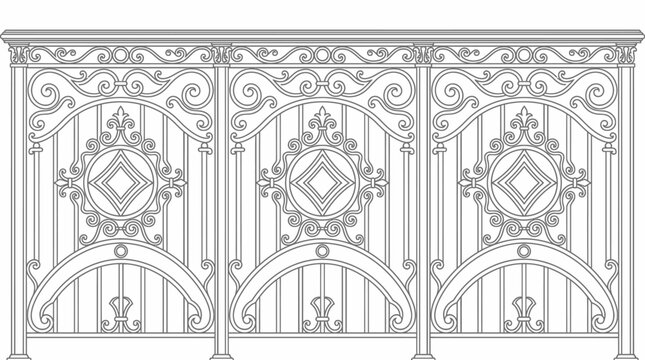 Artistic decorative wrought iron railing with symmetrical diamond motifs and elegant flowing scroll patterns, isolated white background.